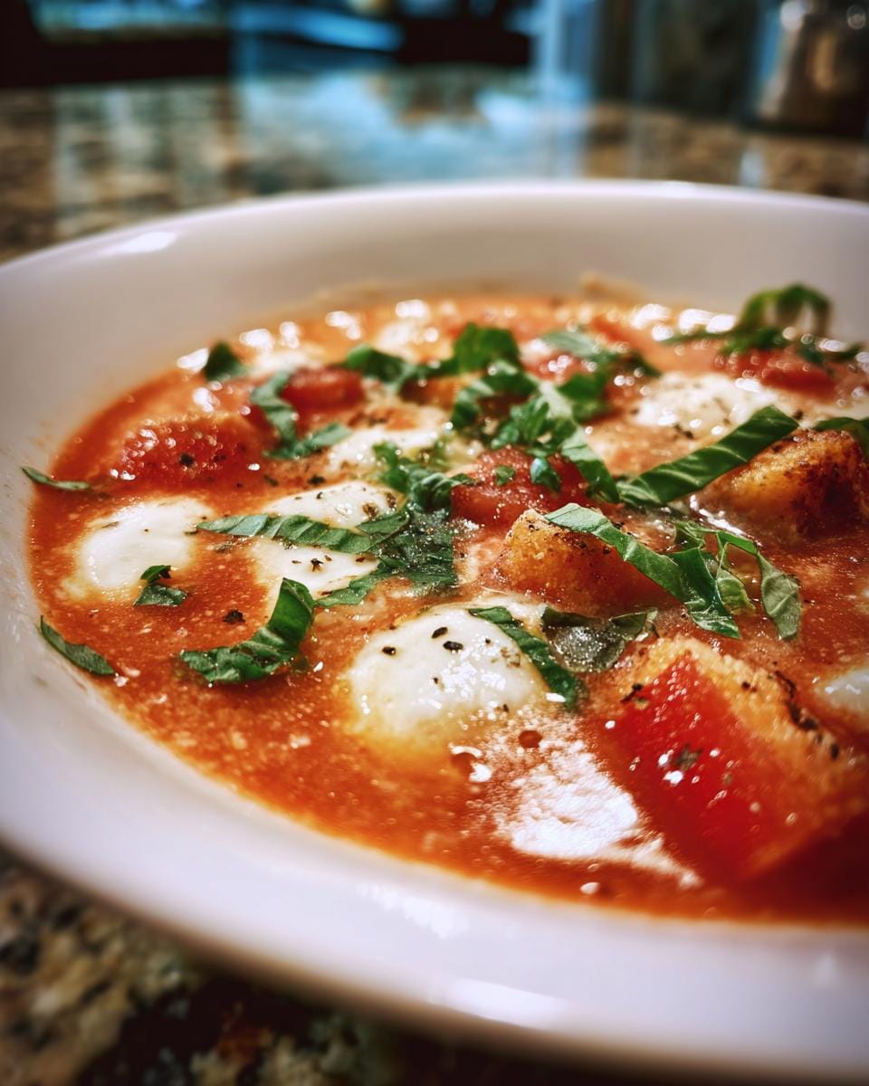 Close-up of Tomaten-Mozzarella-Suppe in a white bowl, garnished with fresh basil and croutons.