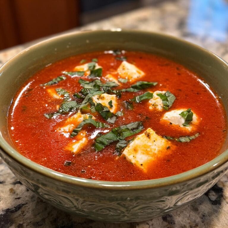 Close-up of Tomaten-Mozzarella-Suppe in a green bowl, garnished with fresh basil leaves.