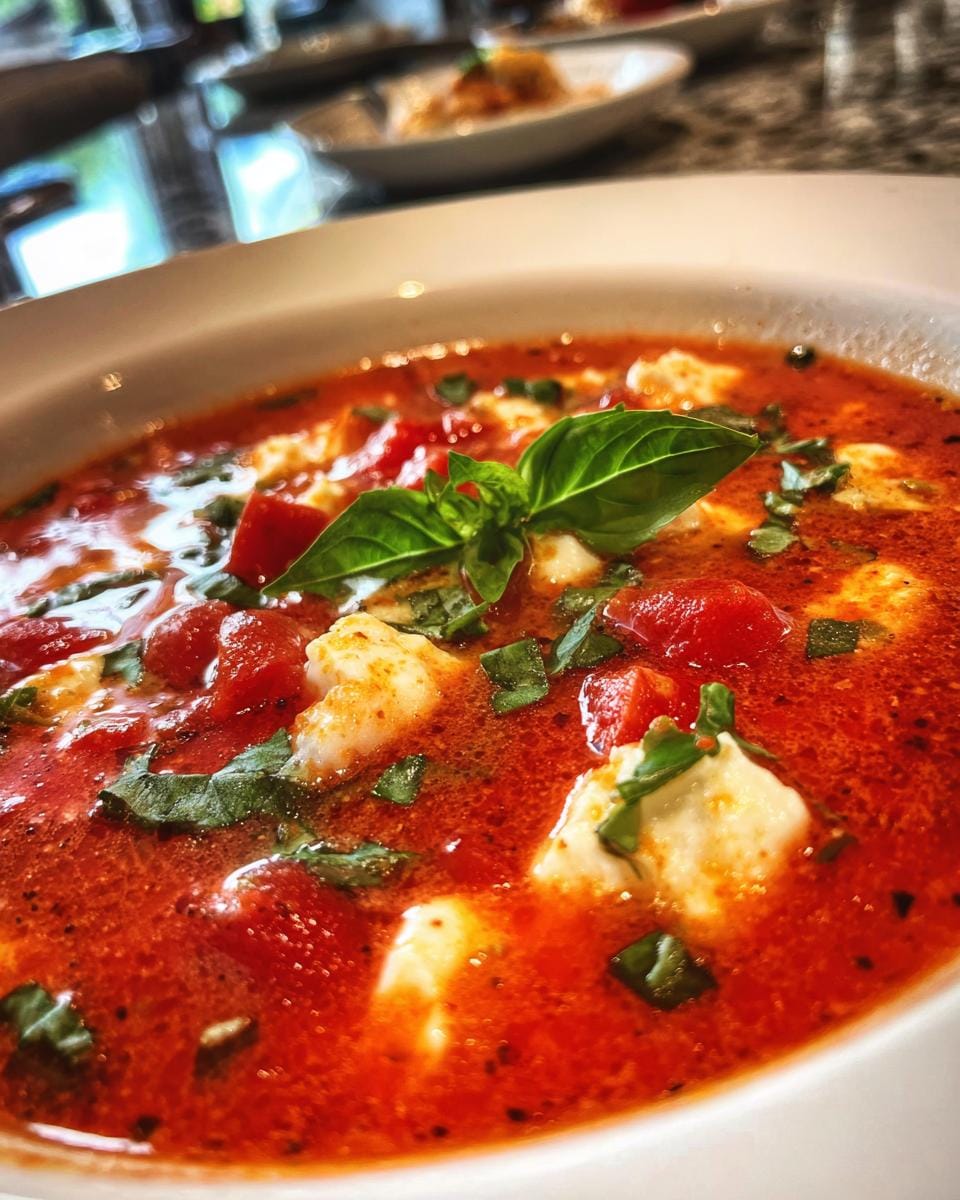 Close-up of a creamy Tomaten-Mozzarella-Suppe in a white bowl, garnished with fresh basil.