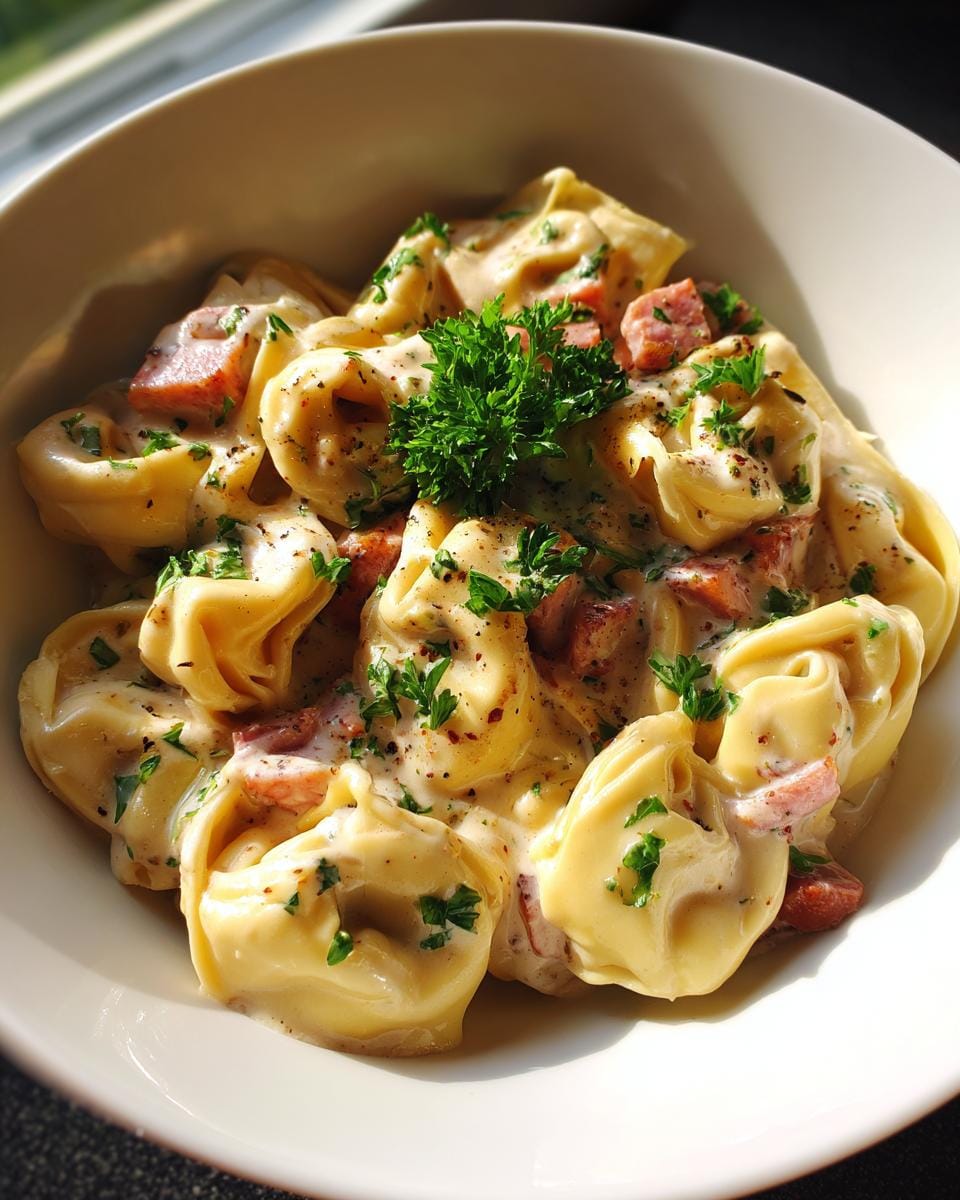 Bowl of Tortellini in Schinken-Sahne-Sauce with ham and parsley garnish.