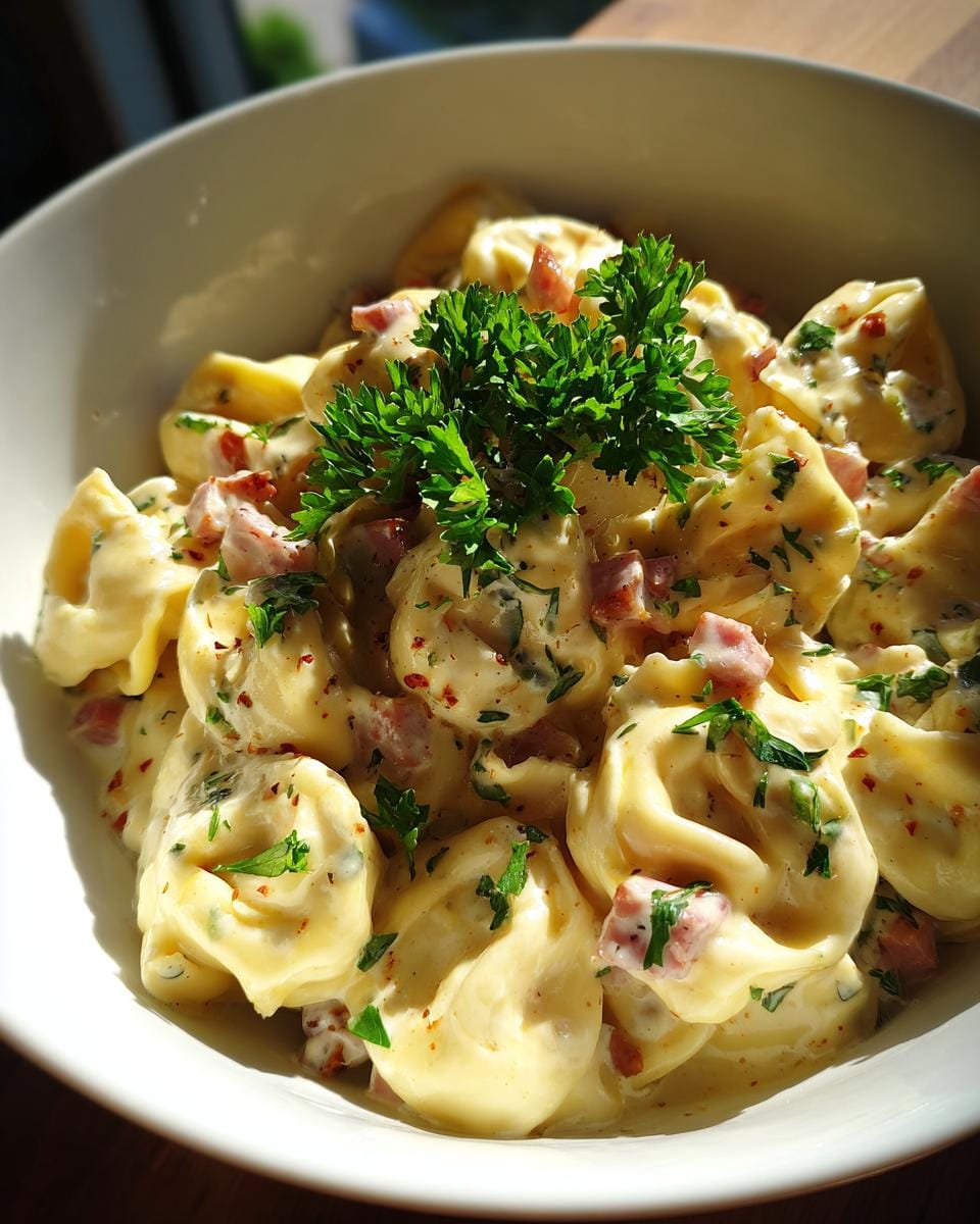 Bowl of creamy Tortellini in Schinken-Sahne-Sauce, garnished with parsley and ham.