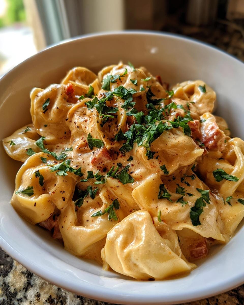 A bowl of creamy Tortellini in Schinken-Sahne-Sauce, garnished with fresh parsley.