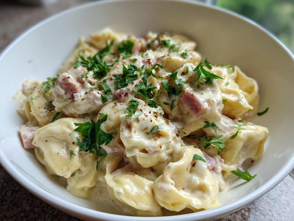 Bowl of creamy Tortellini in Schinken-Sahne-Sauce, garnished with fresh parsley.