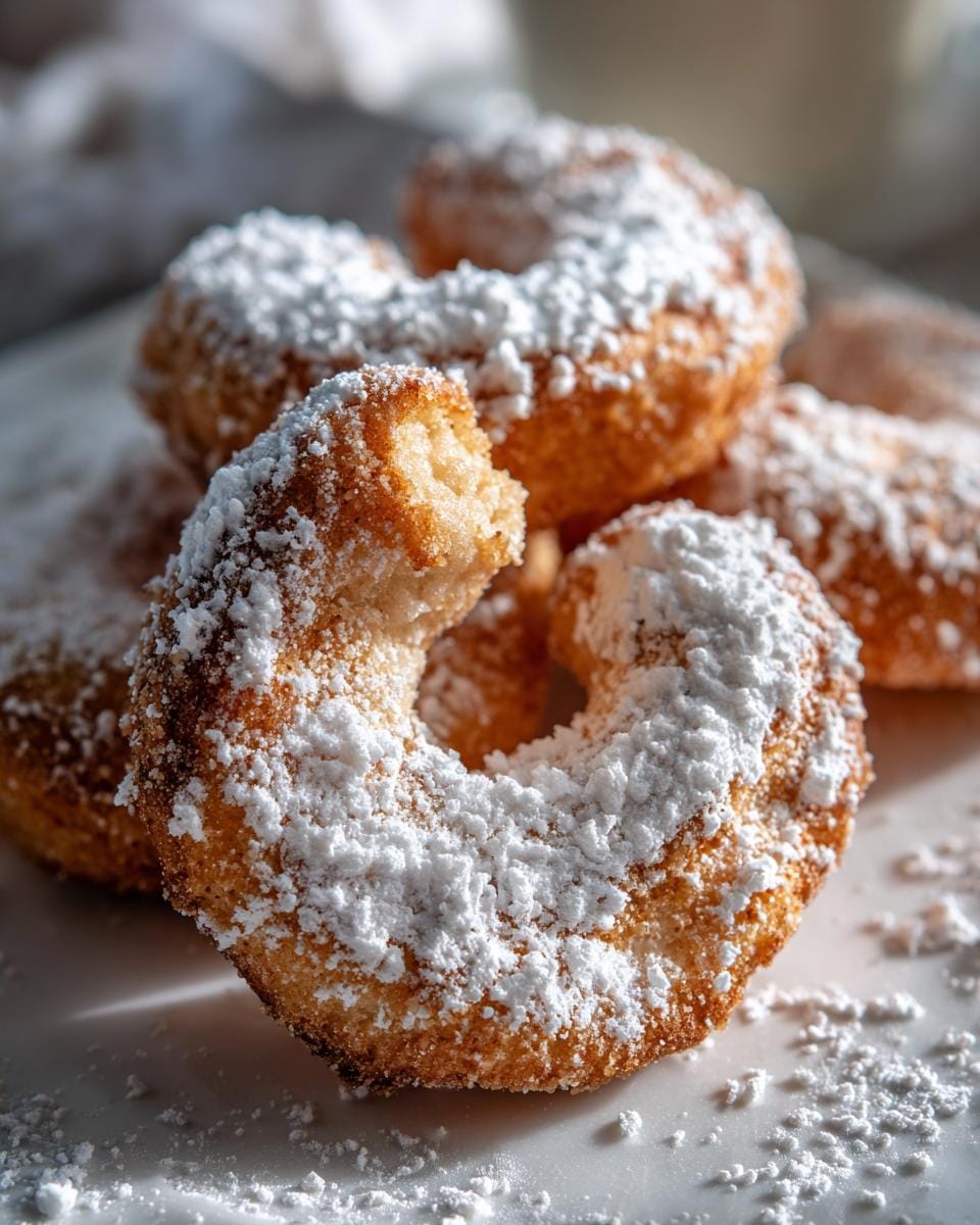 Close-up of Vanillekipferl mit Mandeln cookies covered in powdered sugar, one with a bite taken.