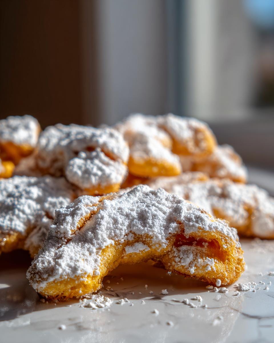 Close-up of Vanillekipferl mit Mandeln cookies covered in powdered sugar on a marble surface.