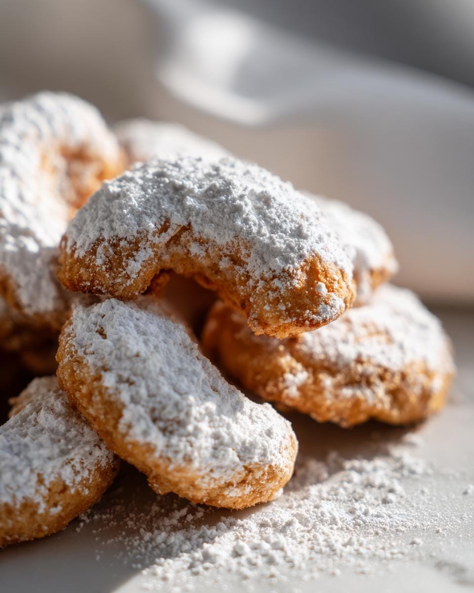 Close-up of Vanillekipferl mit Mandeln cookies dusted with powdered sugar.