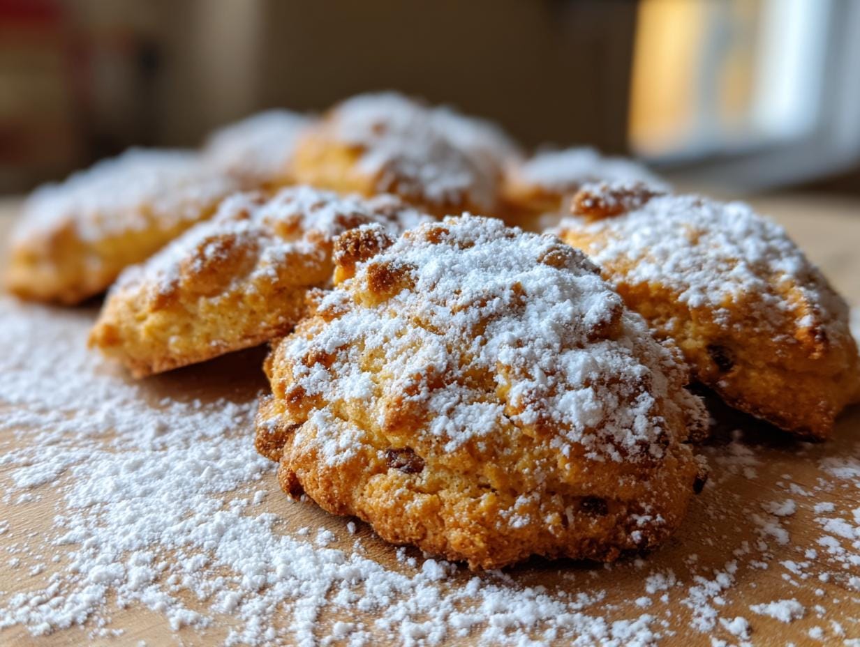 Close-up of Vanillekipferl mit Mandeln cookies dusted with powdered sugar on a wooden surface.