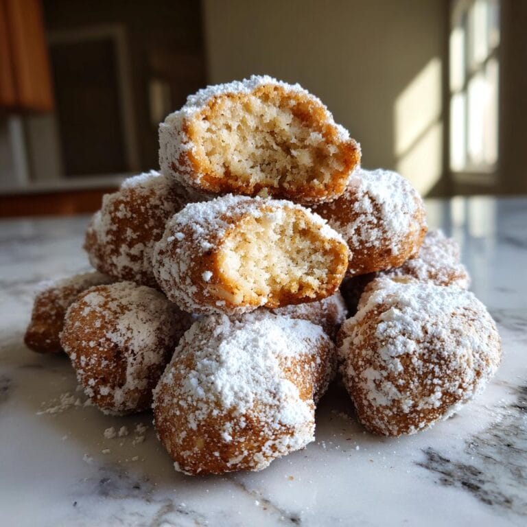 Pile of Vanillekipferl mit Mandeln cookies covered in powdered sugar, one broken to show the inside.