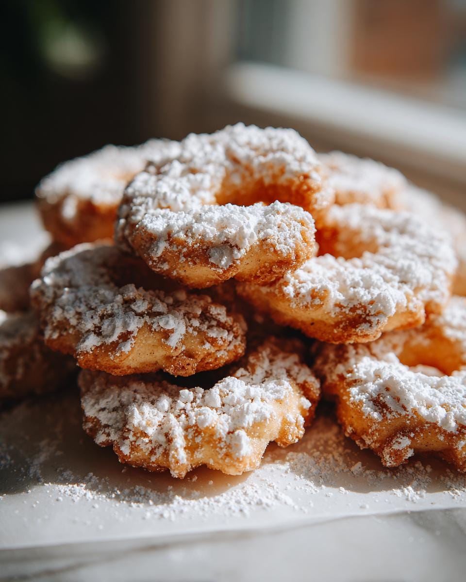 Close-up of a stack of Vanillekipferl mit Mandeln cookies, heavily dusted with powdered sugar.
