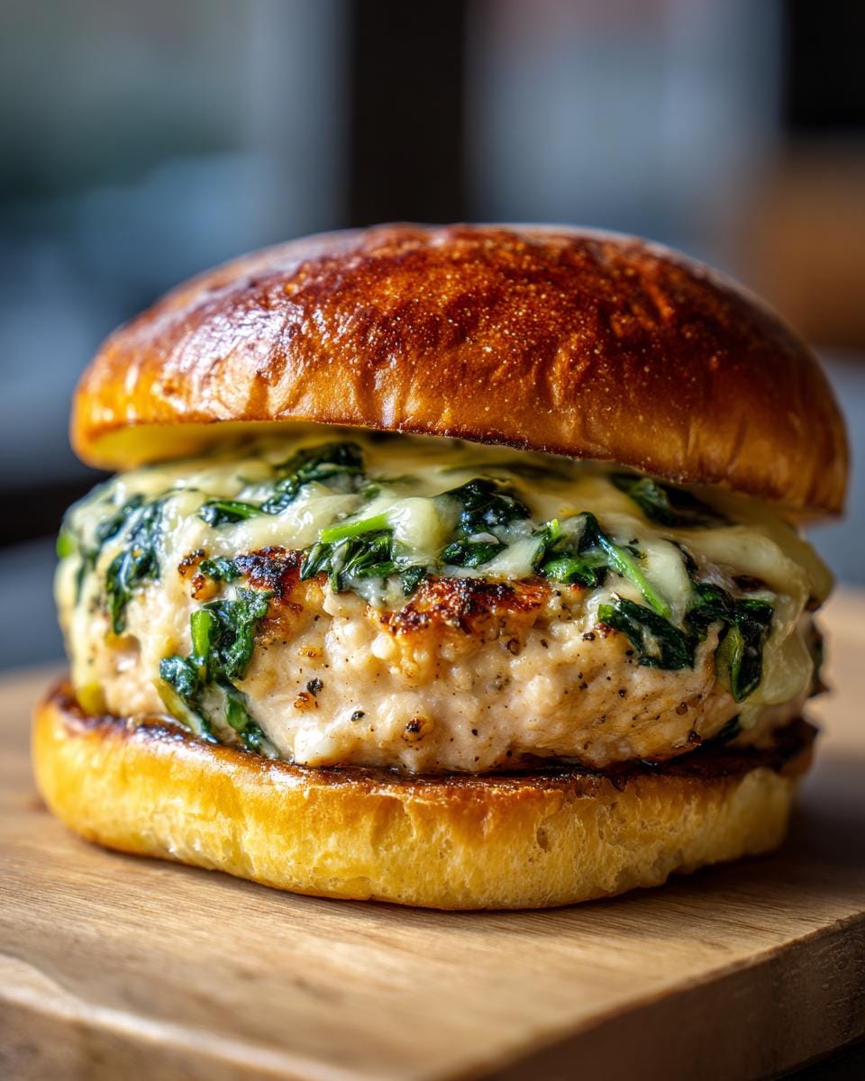 Close-up of a Weißer Cheddar-Spinat-Hähnchen-Burger with a juicy chicken patty, spinach, and melted white cheddar.