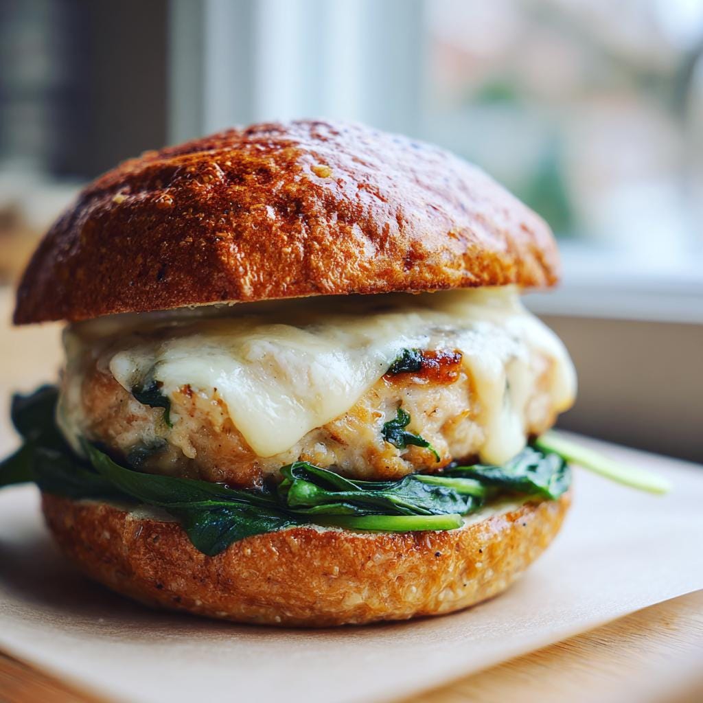 Close-up of a Weißer Cheddar-Spinat-Hähnchen-Burger with melted cheese and spinach on a bun.