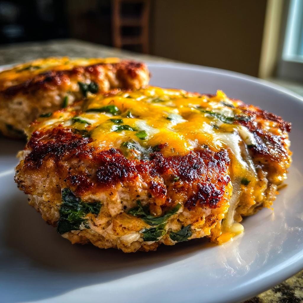 Nahaufnahme eines Weißer Cheddar-Spinat-Hähnchen-Burger auf einem Teller, mit geschmolzenem Käse und Spinat.