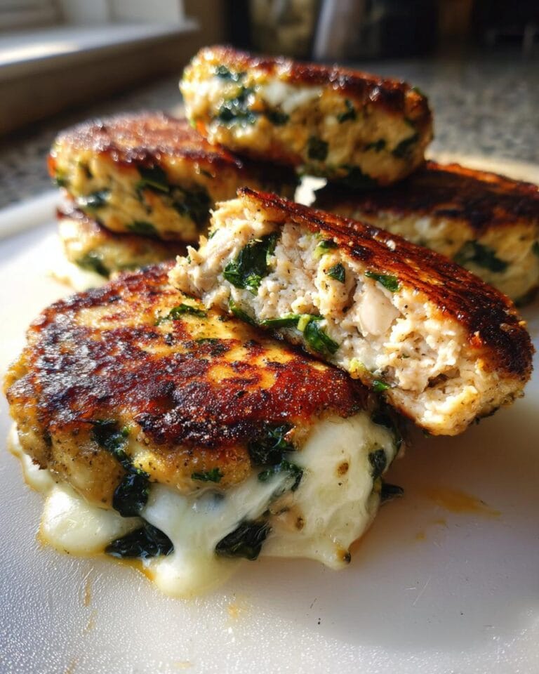 Close-up of a Weißer Cheddar-Spinat-Hähnchen-Burger cut in half, showing the cheesy spinach filling.