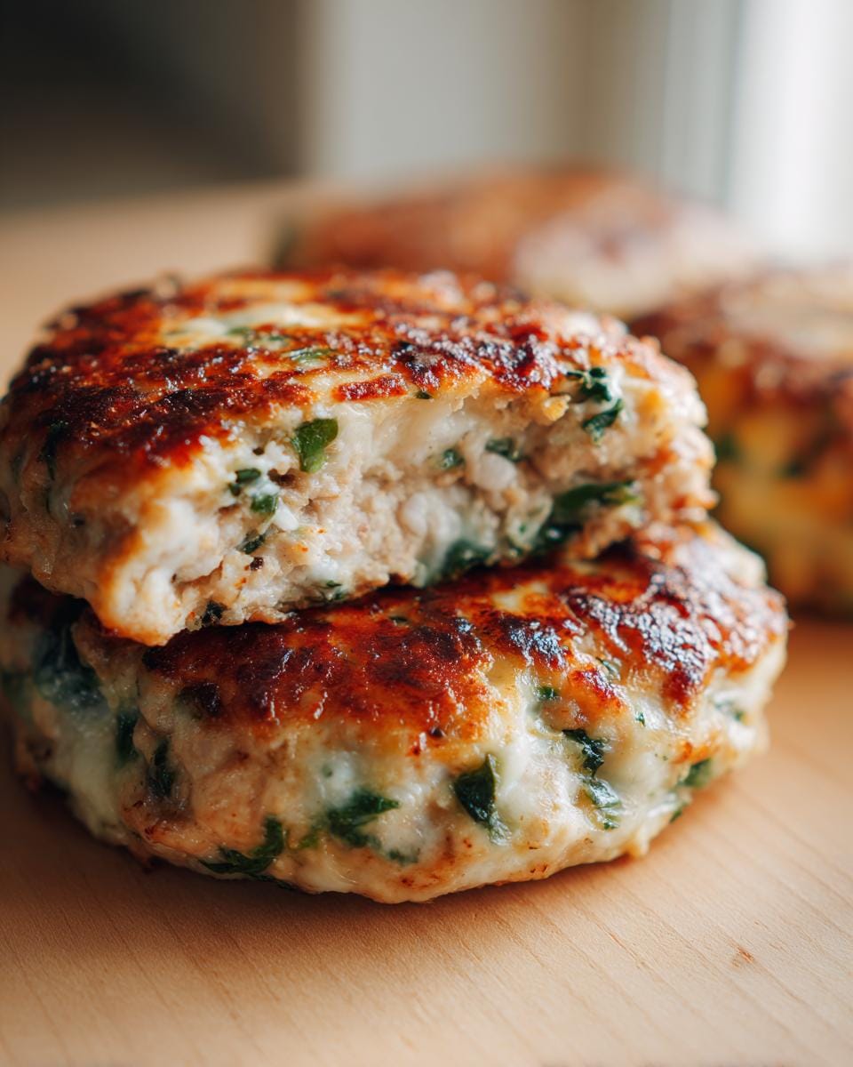 Close-up of Weißer Cheddar-Spinat-Hähnchen-Burger patties, one cut in half to show the inside.