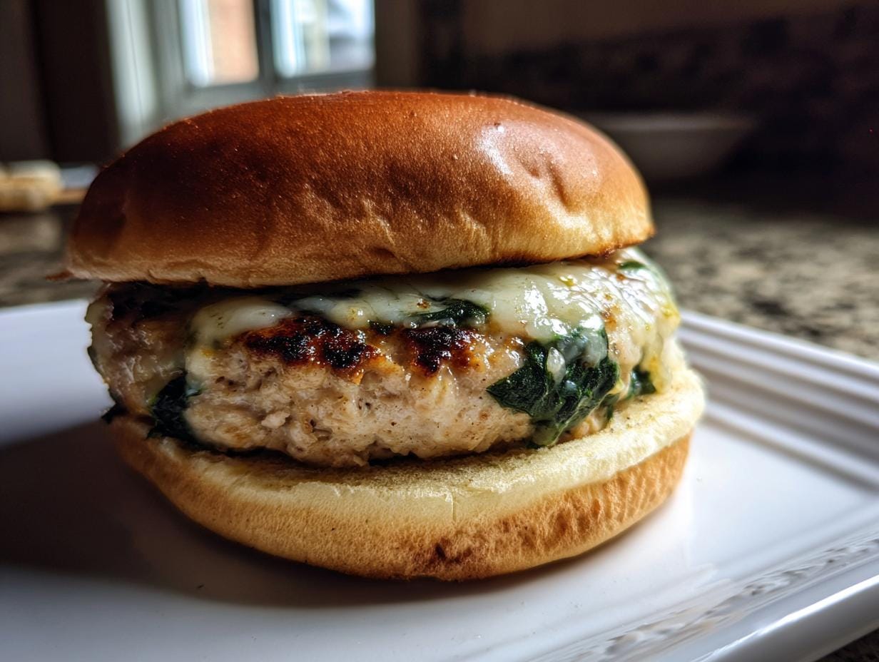 Delicious Weißer Cheddar-Spinat-Hähnchen-Burger on a bun, topped with melted cheese and spinach.