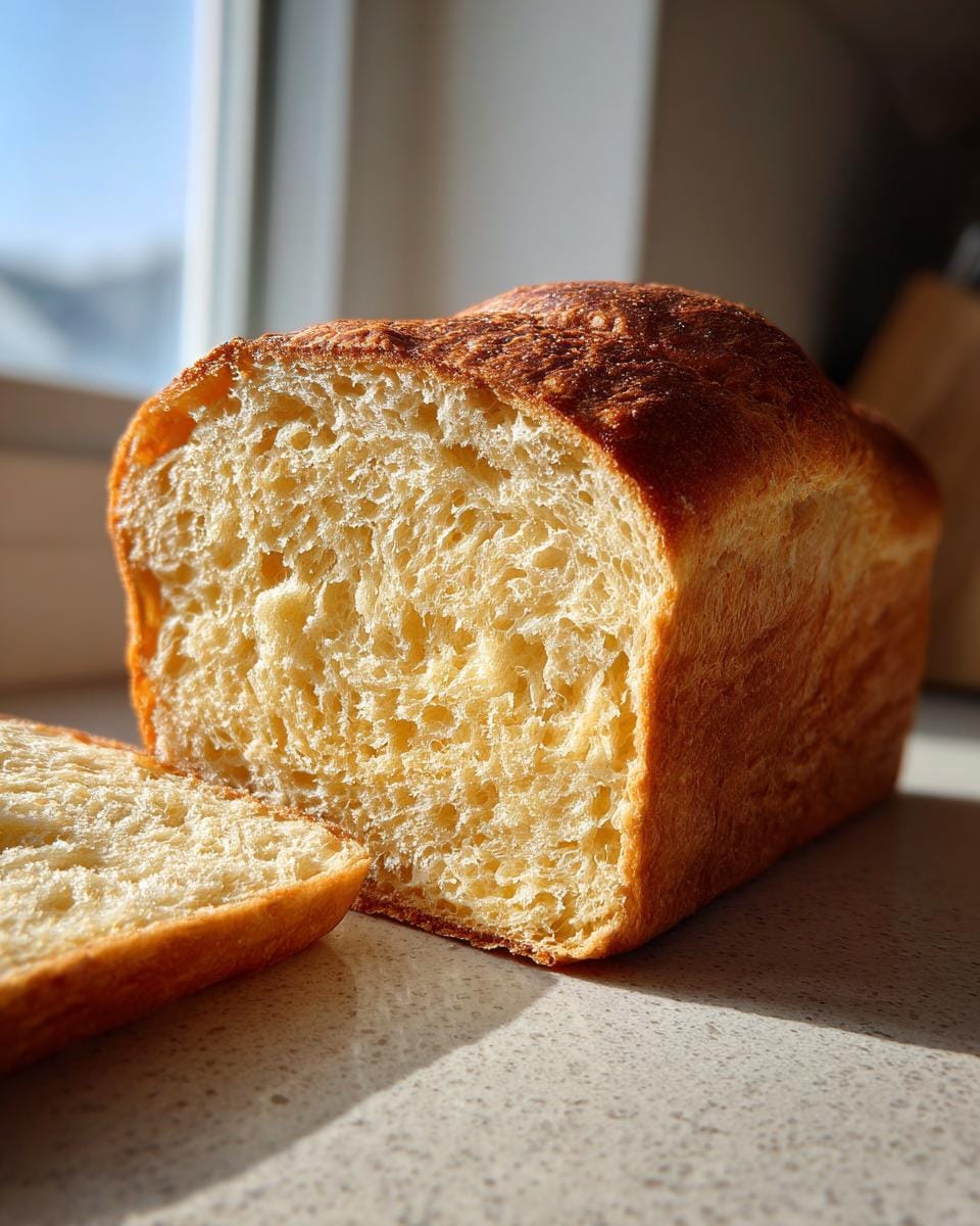 A loaf of freshly baked Zero-Carb Joghurt-Brot with a slice cut, showing the bread's texture.
