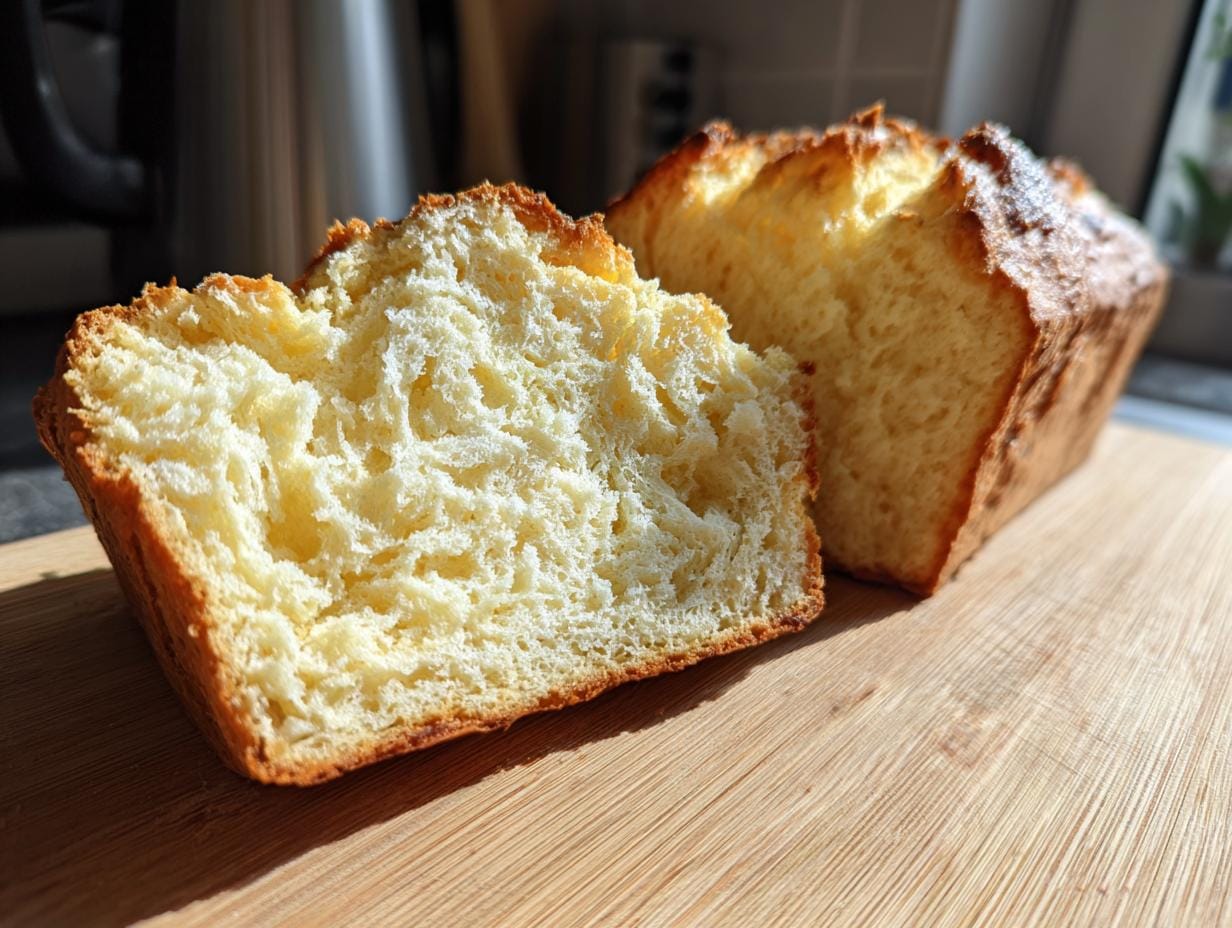 A loaf of Zero-Carb Joghurt-Brot, with a slice cut, showing the texture on a wooden board.