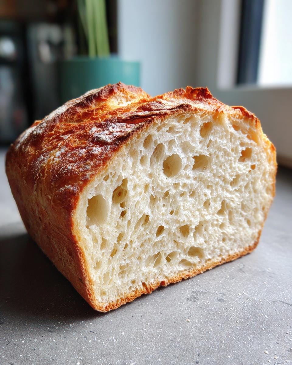 Inside view of Zero-Carb Joghurt-Brot Rezept showing airy crumb structure and golden crust.