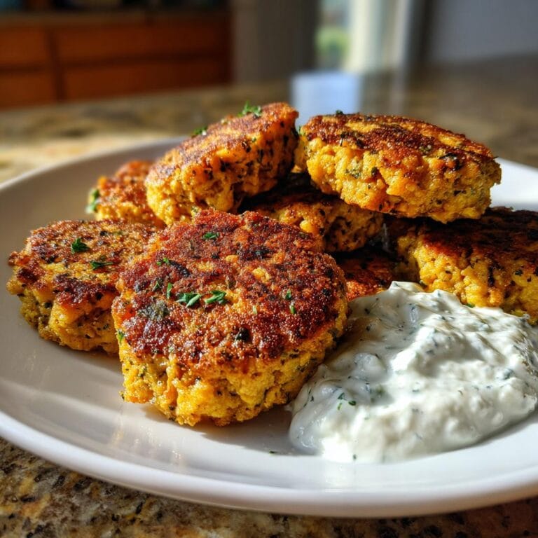 Close-up of Zitronen-Kichererbsen-Patties mit Joghurt-Sauce on a white plate, garnished with herbs.