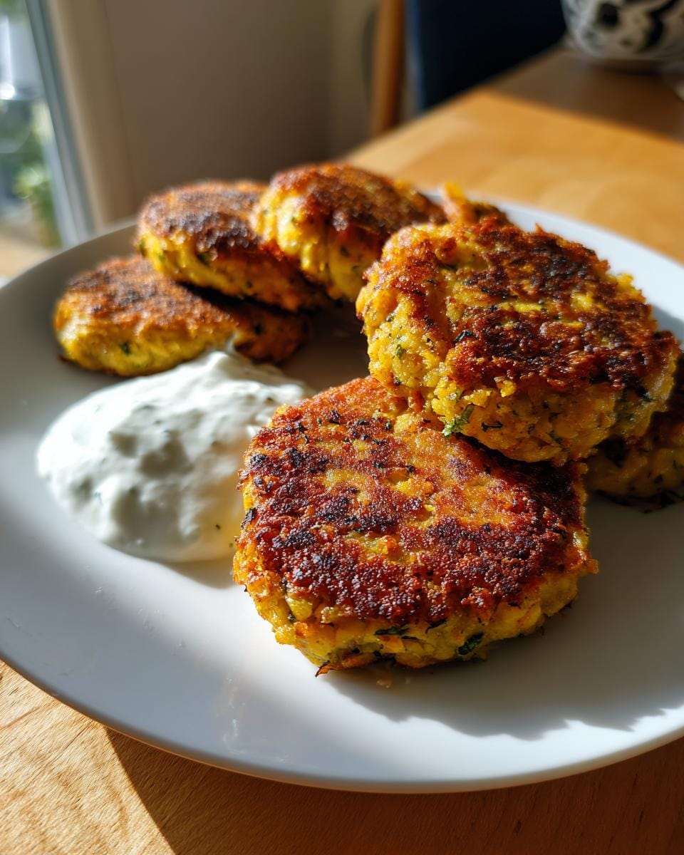 Close-up of Zitronen-Kichererbsen-Patties mit Joghurt-Sauce served on a white plate with yogurt sauce.