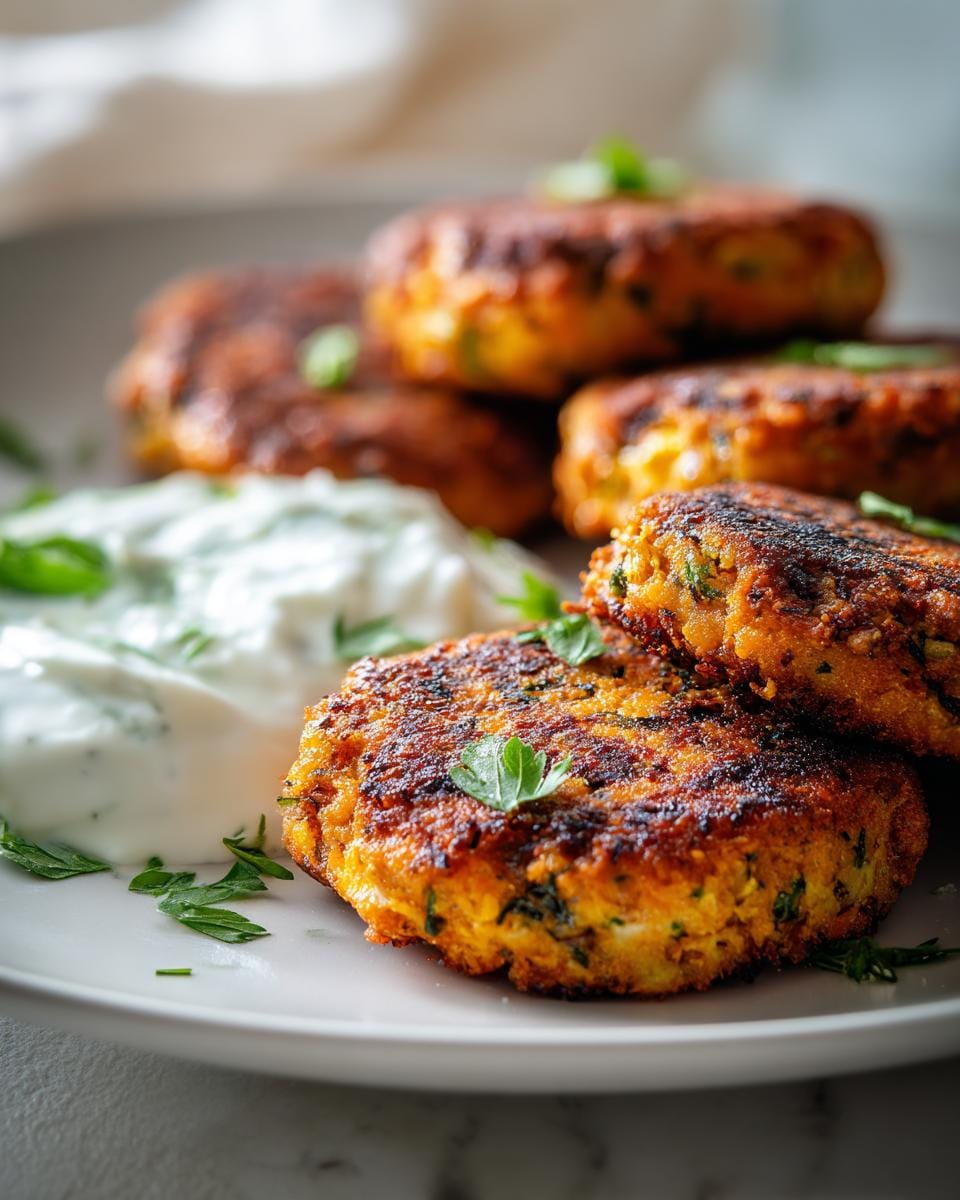 Close-up of Zitronen-Kichererbsen-Patties mit Joghurt-Sauce on a plate, garnished with fresh herbs.
