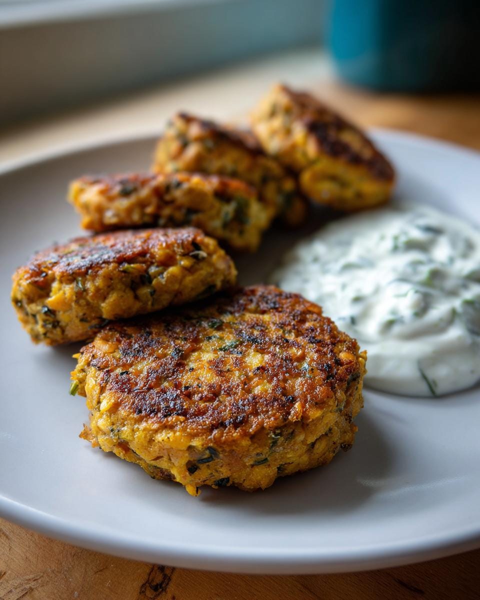 Close-up of Zitronen-Kichererbsen-Patties mit Joghurt-Sauce on a plate, with a creamy yogurt sauce.