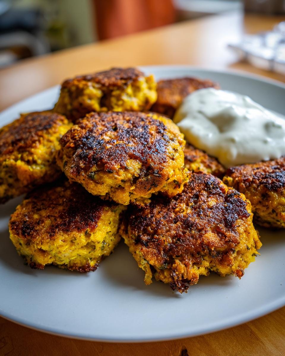 Close-up of Zitronen-Kichererbsen-Patties mit Joghurt-Sauce served on a plate with yogurt sauce.