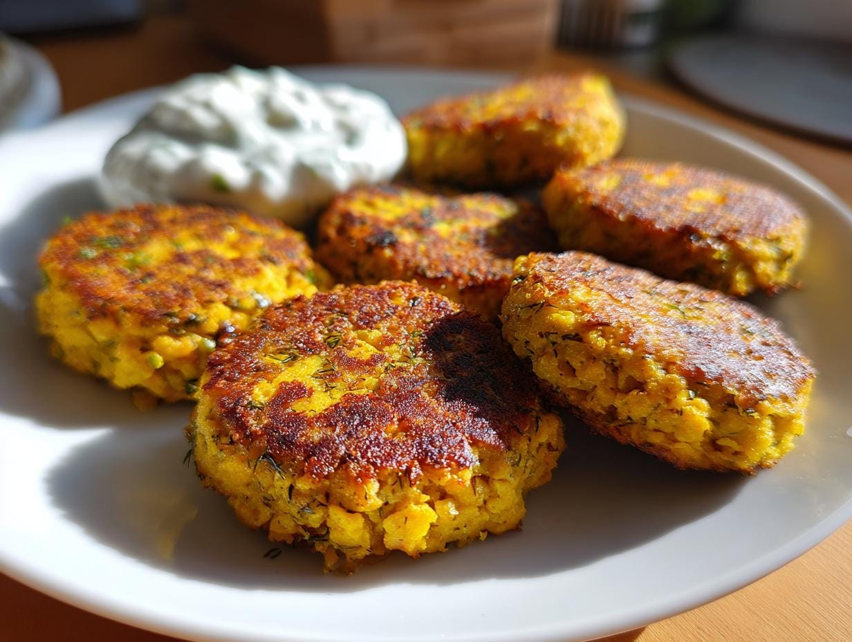 Zitronen-Kichererbsen-Patties mit Joghurt-Sauce auf einem Teller angerichtet.