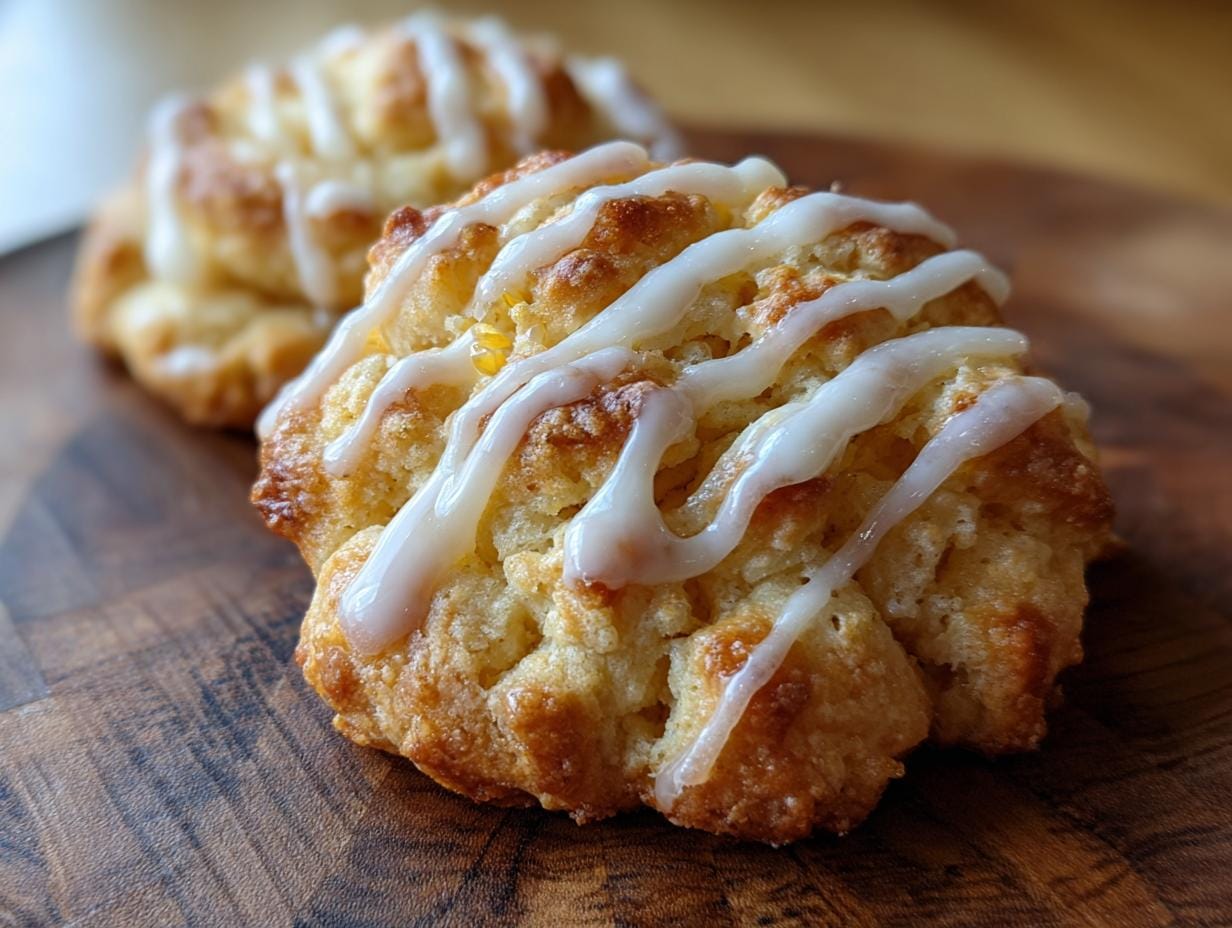 Close-up of two Zitronenkekse mit Zuckerguss (lemon cookies with icing) on a wooden board.