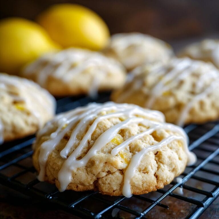 Close-up of Zitronenkekse mit Zuckerguss (lemon cookies with icing) on a black cooling rack with lemons in the background.
