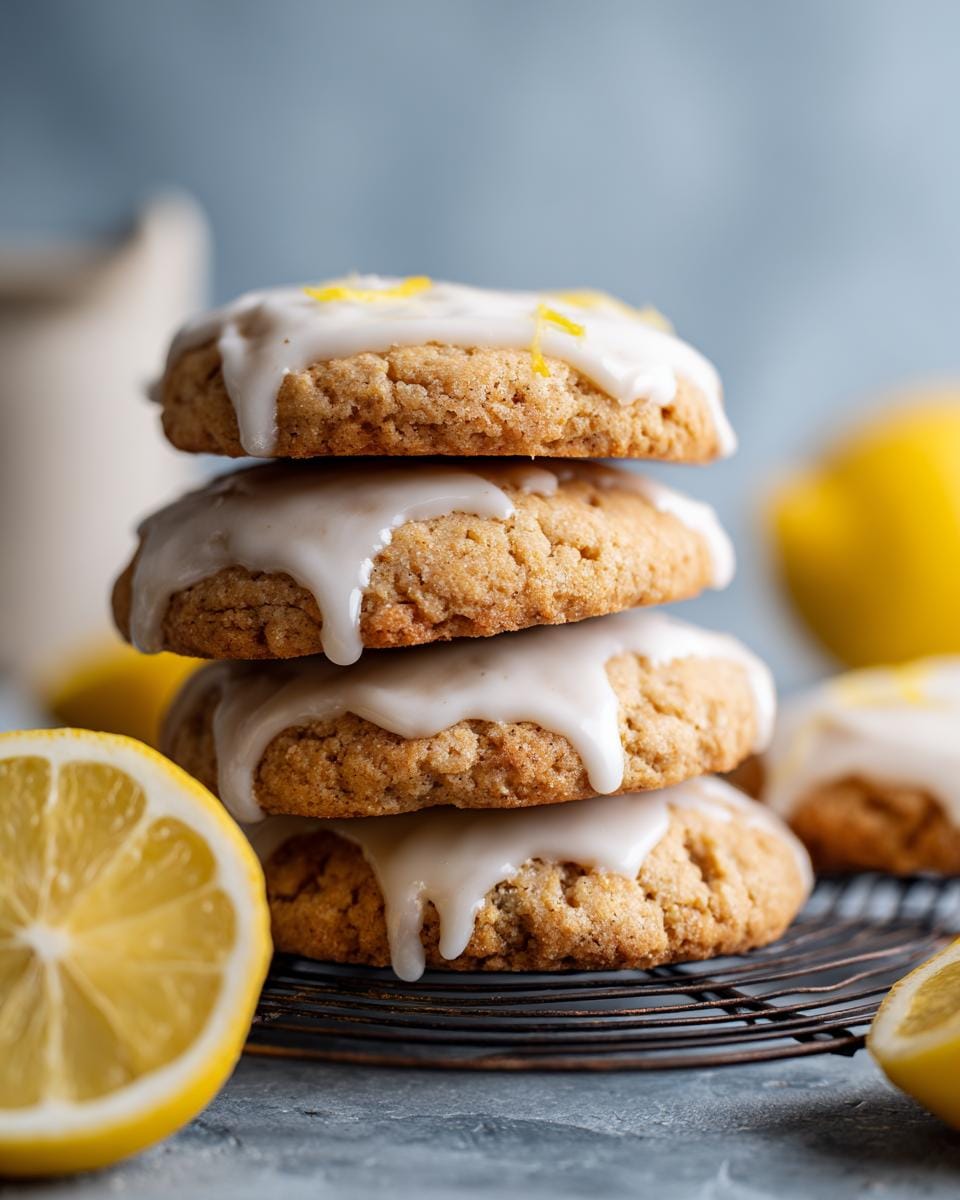 Stack of Zitronenkekse mit Zuckerguss (lemon cookies with icing) on a wire rack, lemons around.