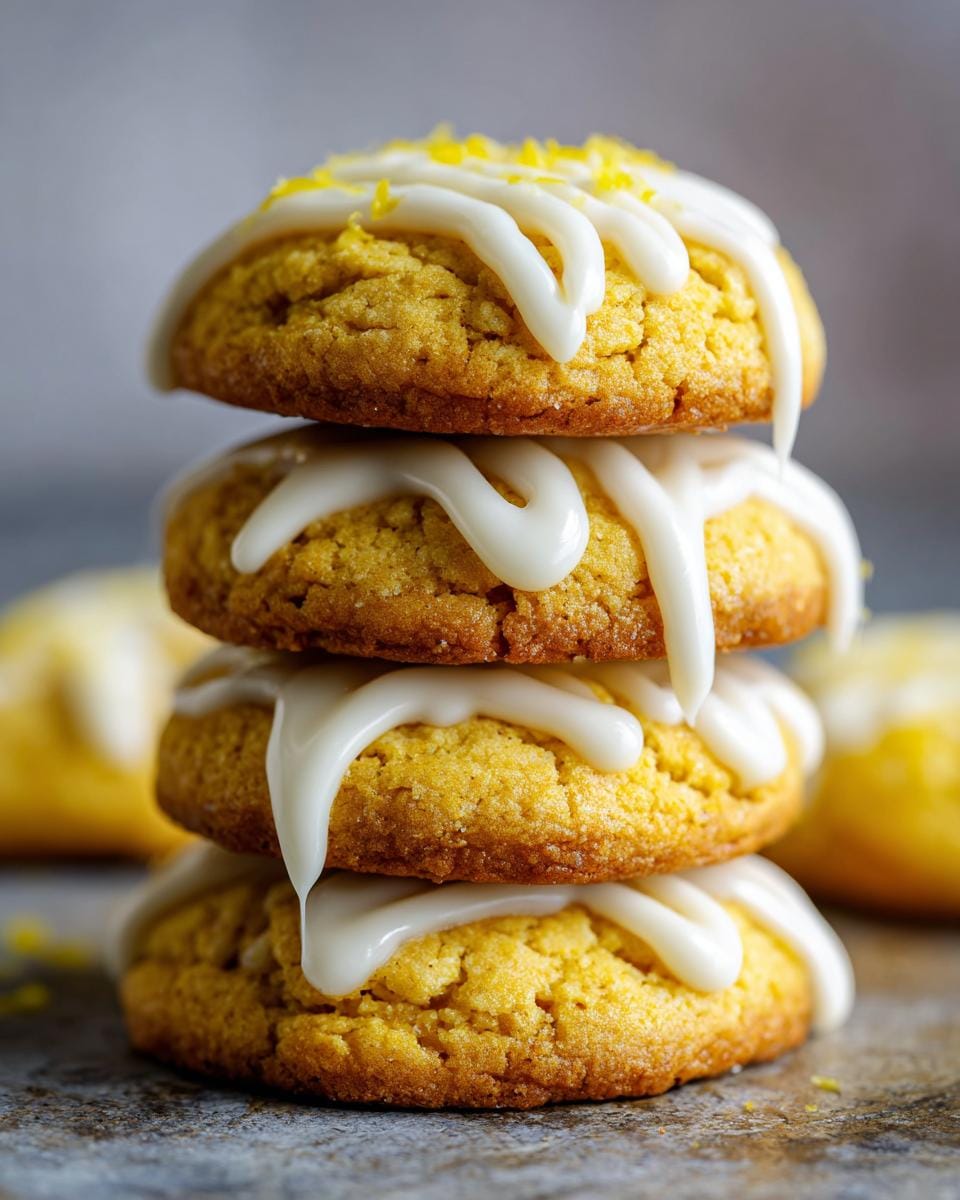A stack of four Zitronenkekse mit Zuckerguss, lemon cookies with icing, drizzled with white glaze and lemon zest.
