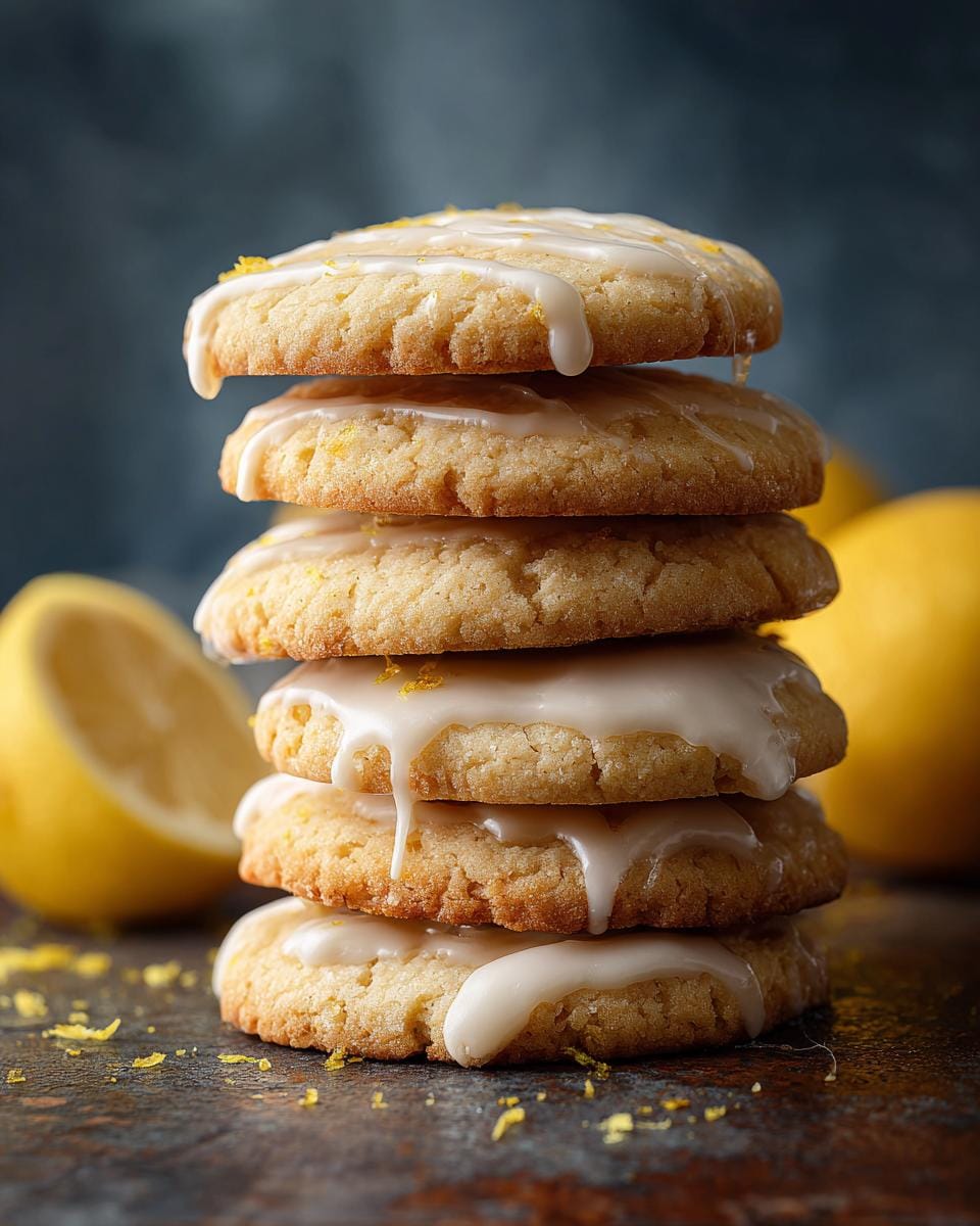 A stack of Zitronenkekse mit Zuckerguss, featuring lemon glaze and zest.
