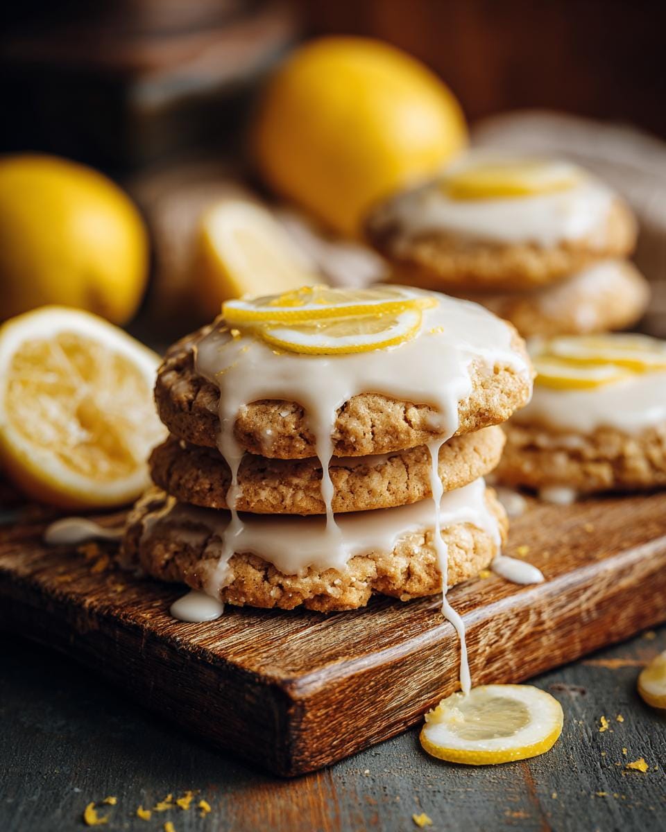 A stack of Zitronenkekse mit Zuckerguss, or lemon cookies with icing, on a wooden board. Decorated with lemon slices.