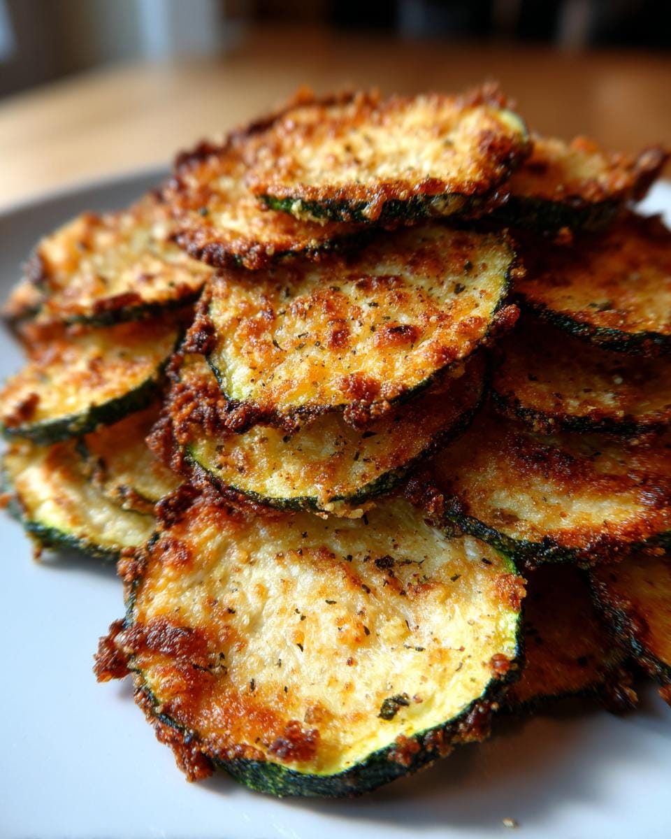 Close-up of a stack of golden brown Zucchini-Chips aus dem Ofen on a white plate.