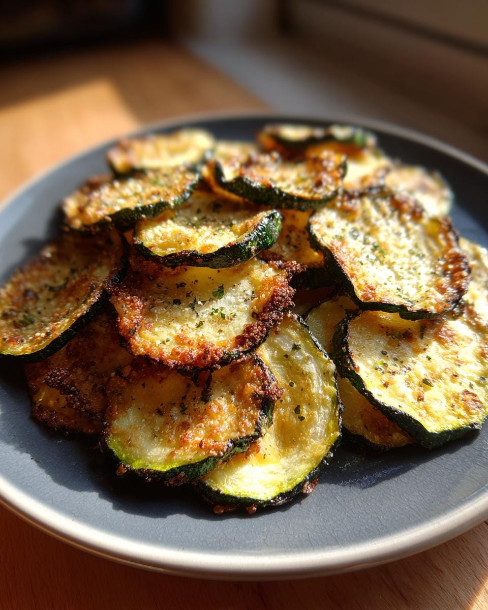 Close-up of homemade Zucchini-Chips aus dem Ofen on a gray plate, seasoned with herbs.