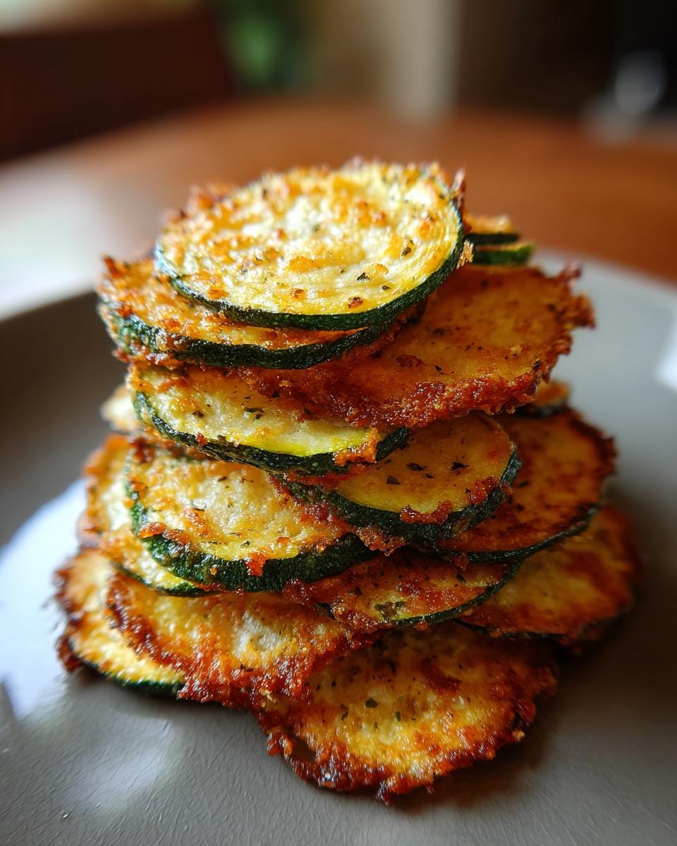 Stack of golden Zucchini-Chips aus dem Ofen on a plate, showing their crispy texture and seasoning.