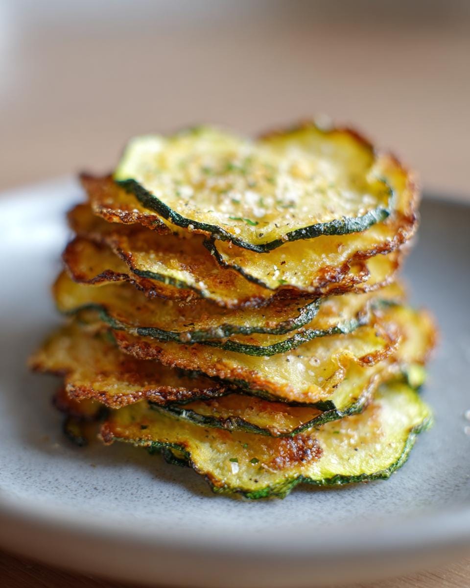 A stack of crispy Zucchini-Chips aus dem Ofen, seasoned and ready to eat. Perfect snack!