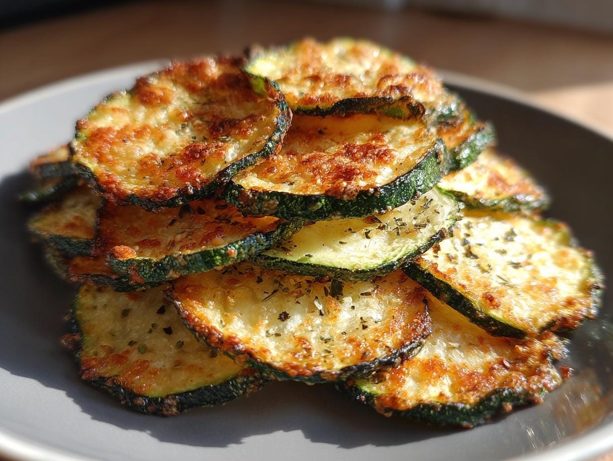 Ein Stapel goldbrauner Zucchini-Chips aus dem Ofen, gewürzt mit Kräutern, auf einem Teller.