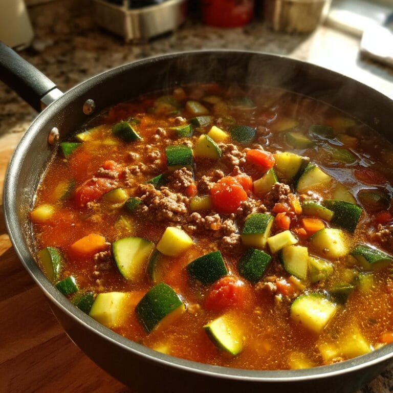 Close-up of Zucchini-Hackfleisch-Suppe simmering in a pan, showing zucchini, ground meat, and tomatoes.