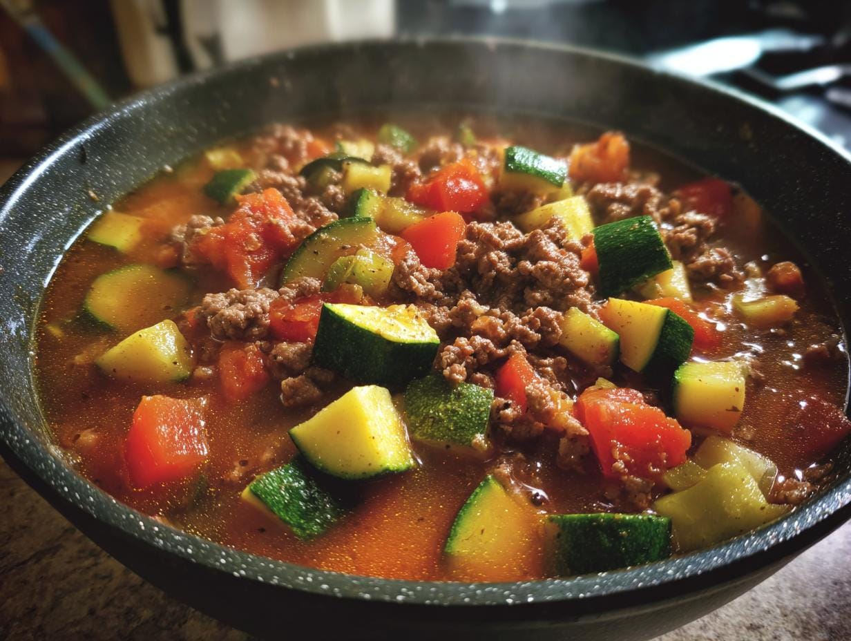 Close-up of Zucchini-Hackfleisch-Suppe in a pan, featuring zucchini, ground meat, and tomatoes.