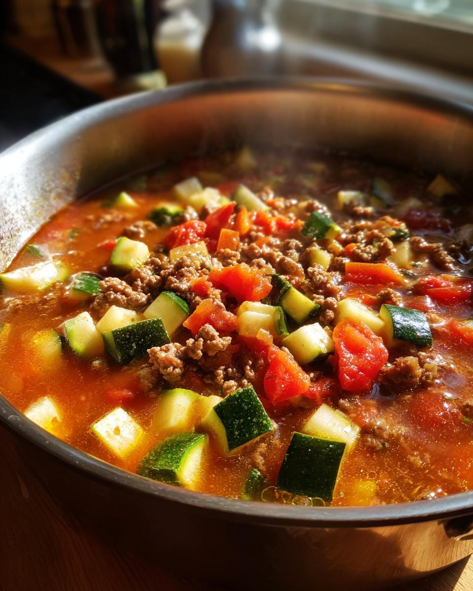 Close-up of Zucchini-Hackfleisch-Suppe in a stainless steel pot, featuring zucchini, ground meat, and tomatoes.