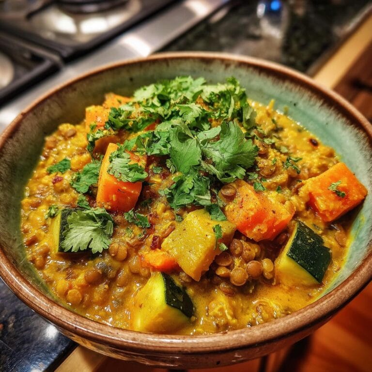A vibrant bowl of Zucchini-Linsen-Curry, garnished with fresh cilantro. A tasty and healthy meal.
