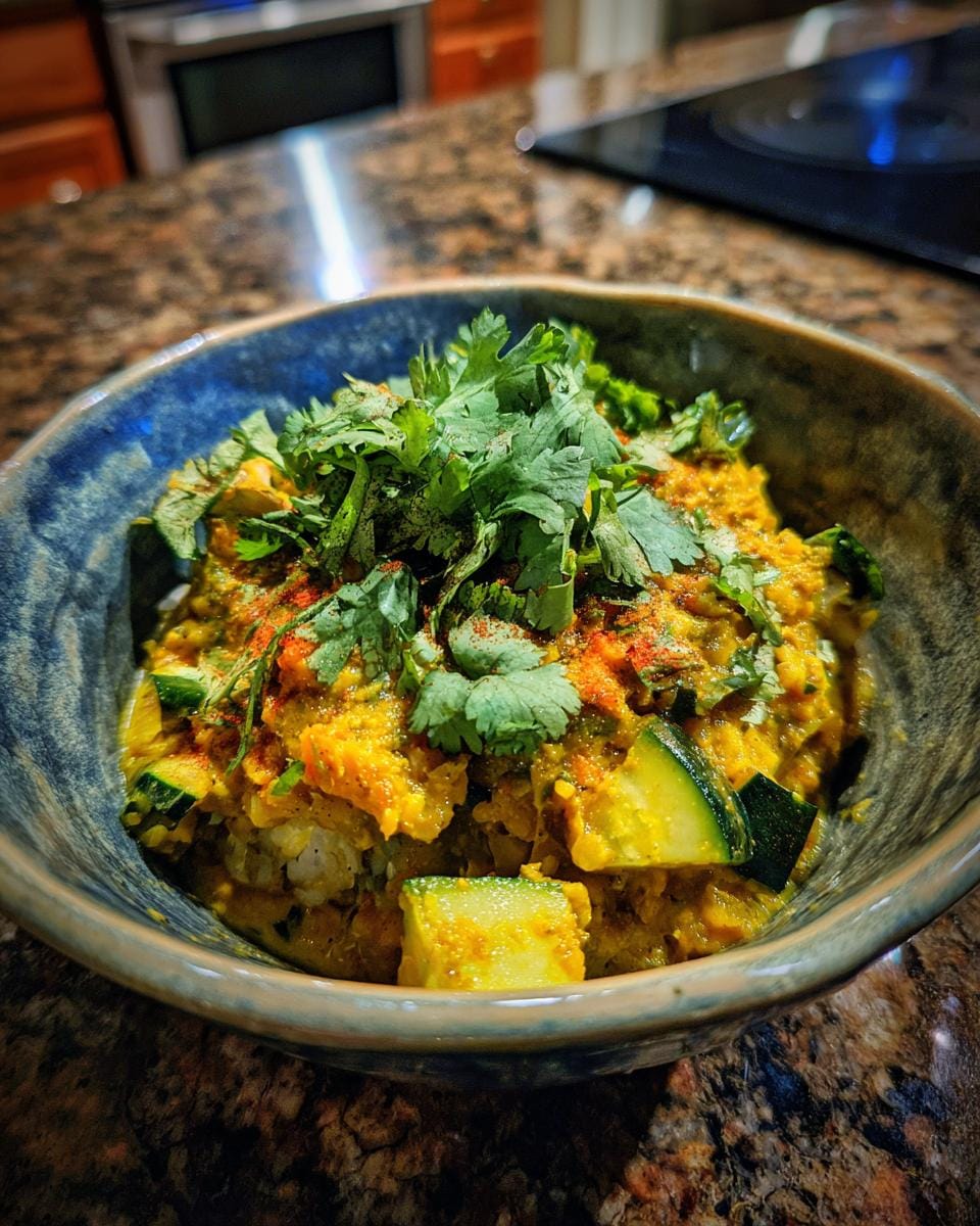 A bowl of vibrant Zucchini-Linsen-Curry, garnished with fresh cilantro and a sprinkle of spice.