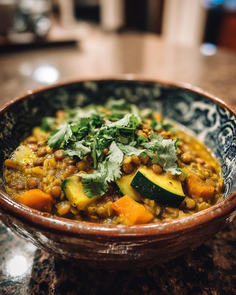 Close-up of Zucchini-Linsen-Curry in a bowl, garnished with fresh cilantro.