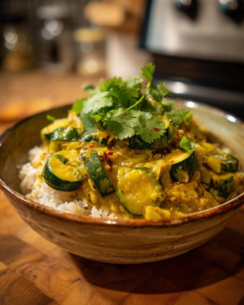 A bowl of Zucchini-Linsen-Curry served over rice, garnished with fresh cilantro.