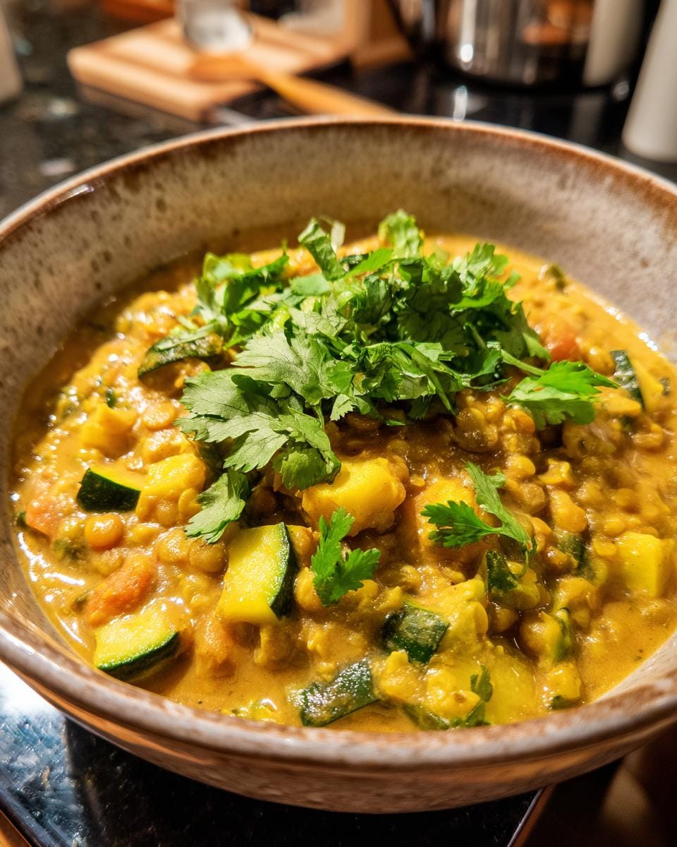 Close-up of a bowl of Zucchini-Linsen-Curry topped with fresh cilantro. A vibrant and flavorful dish.