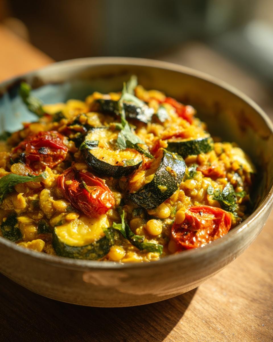Close-up of Zucchini-Linsen-Curry mit Tomaten in a bowl, showing zucchini, lentils, and tomatoes.