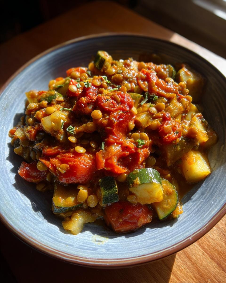 A bowl of hearty Zucchini-Linsen-Curry mit Tomaten, featuring zucchini, lentils, and tomatoes.