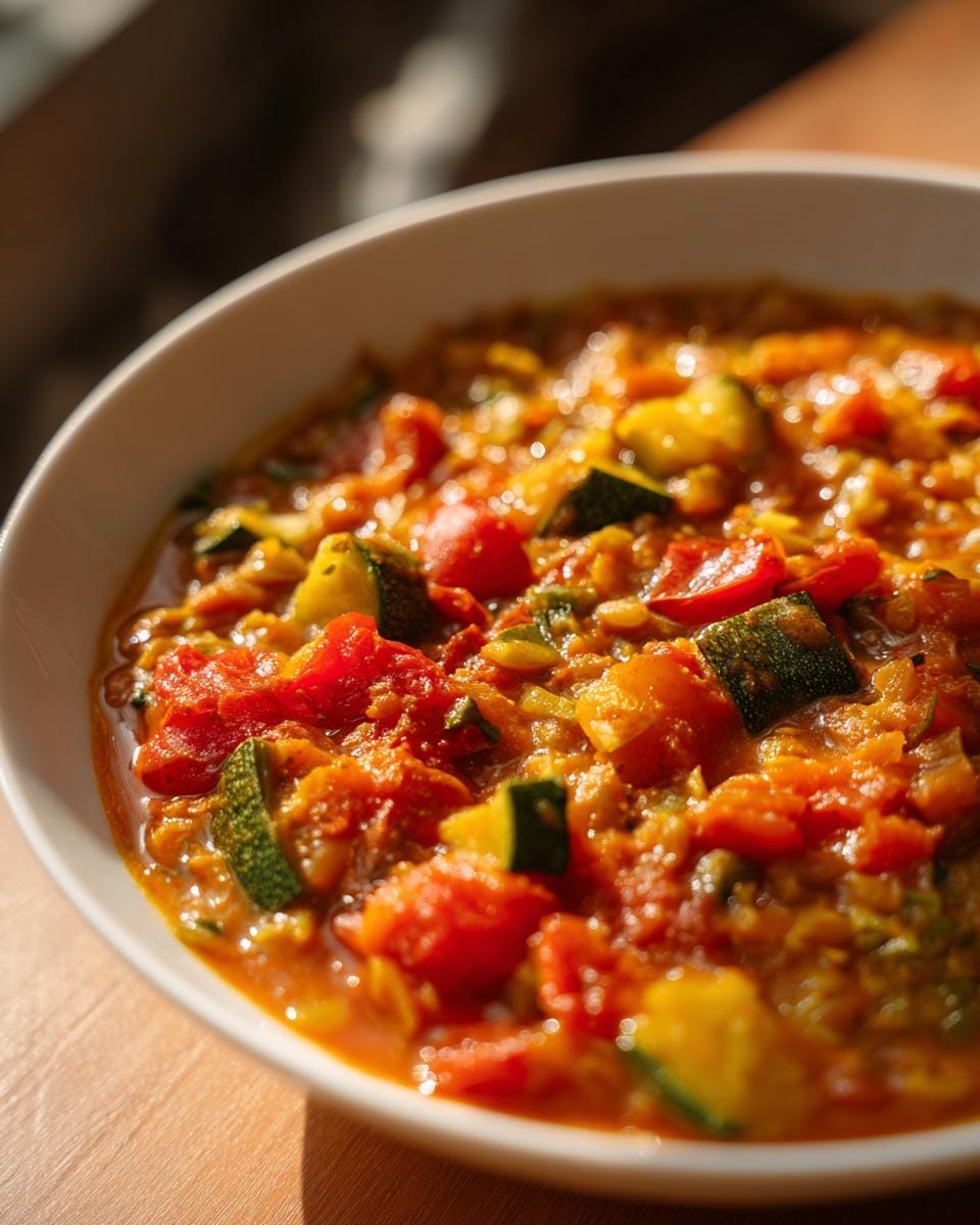 Nahaufnahme von Zucchini-Linsen-Curry mit Tomaten in einer weißen Schüssel.